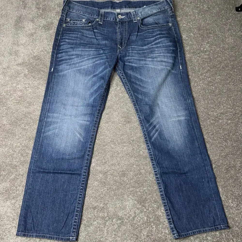 True Religion Mens 40 Skinny Fit Jeans Blue Distressed Denim‎ Designer USA